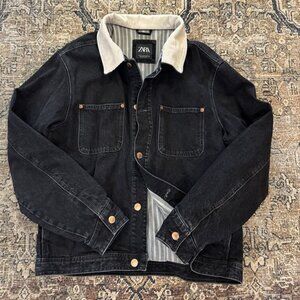 Zara Denim Black Wash Chore Jacket Corduroy Collar Cotton Lined Sz Medium Men's